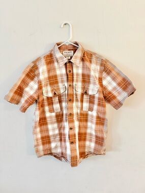 Filson short sleeve button down Brown and Cream Plaid Shirt, Medium